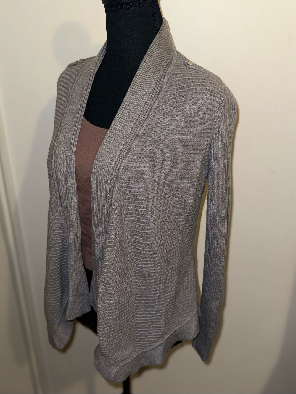 White House Black Market Gray Ribbed Wool Blend Shawl Cardigan Sweater L